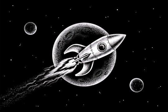 Retro-style illustration of a rocket ship flying past a moon in outer space with stars