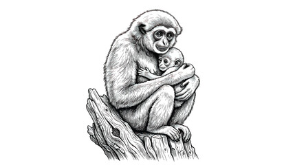Vintage gibbon monkey with baby vector illustration, hand drawn primate mother hugging infant, black and white wildlife sketch for nature education © Fahad