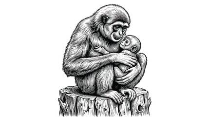 Vintage monkey illustration of mother and baby gibbon, hand drawn primate sketch on tree stump, black and white wildlife vector art © Fahad