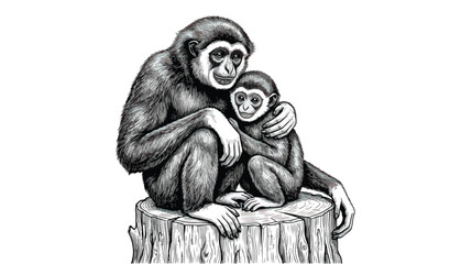 Vintage gibbon monkey illustration, hand drawn primate mother and baby sitting on tree stump, black and white wildlife sketch vector © Fahad