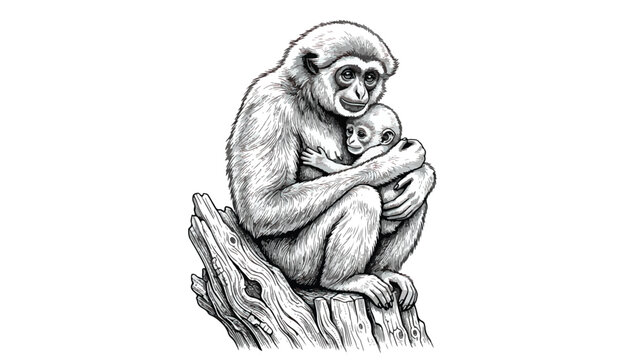 Vintage gibbon monkey with baby vector illustration, hand drawn primate mother hugging infant, black and white wildlife sketch for nature education