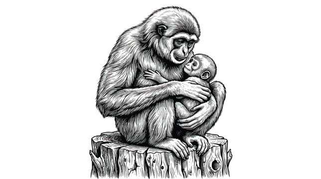 Vintage monkey illustration of mother and baby gibbon, hand drawn primate sketch on tree stump, black and white wildlife vector art