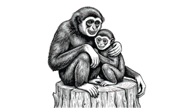 Vintage gibbon monkey illustration, hand drawn primate mother and baby sitting on tree stump, black and white wildlife sketch vector