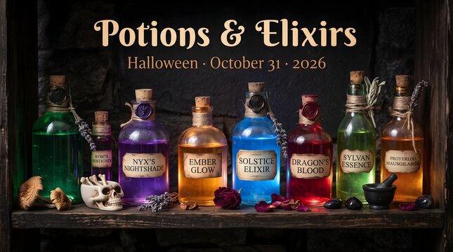 Collection of colorful magic potion bottles arranged on a wooden shelf for halloween display