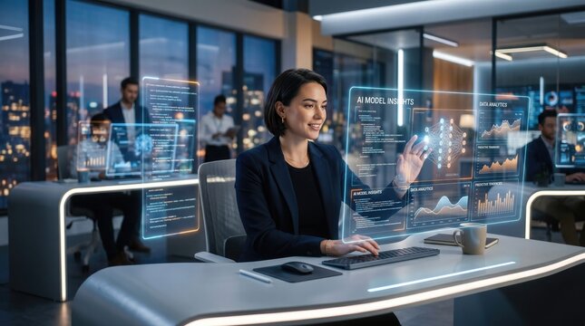 Businesswoman Using Futuristic AI Holographic Interface in Modern Office Vector Illustration | Digital Transformation and Smart Workplace