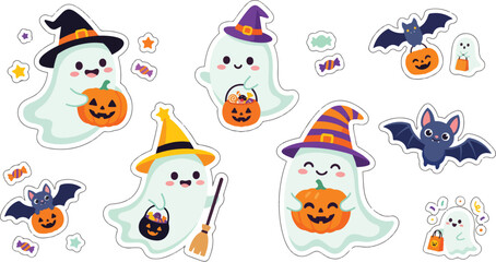 Obraz premium Cute halloween ghost sticker set featuring kawaii cartoon ghosts with pumpkins and bats, perfect for cute halloween
