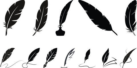 Set of detailed majestic feather collection. Bird Feather black silhouettes. Plumelet collection. Vector isolated on white.Detailed majestic feather collection. Feather Set icon,ethnic style set. © Asma