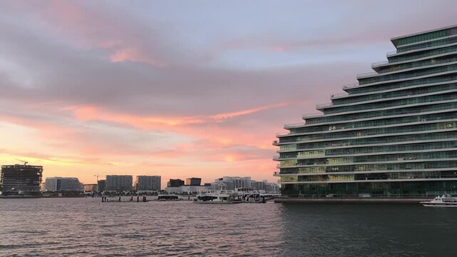 Modern Waterfront Architecture at Al Raha Beach, Abu Dhabi During Sunset
