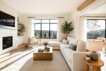 Obraz premium A bright, modern living room with a fireplace and large windows overlooks a green landscape.