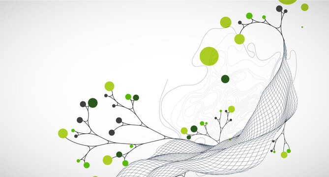 Abstract eco background with wave grid, green circles, and branching lines. Vector