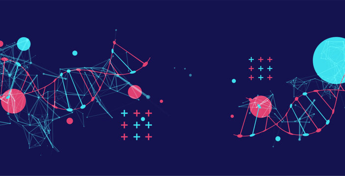 Abstract vector futuristic DNA helix structure with digital plexus network on dark background.