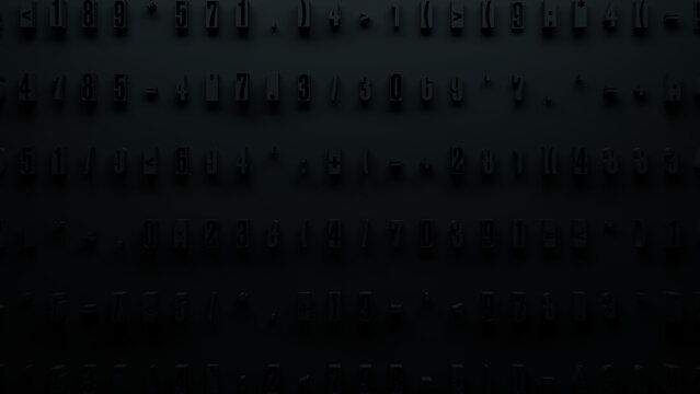 Textured Dark Gradient Background with Dense Monochromatic Array of Varied Size Numbers and Symbols in Abstract Three-Dimensional Design for Digital Art and Technology Applications