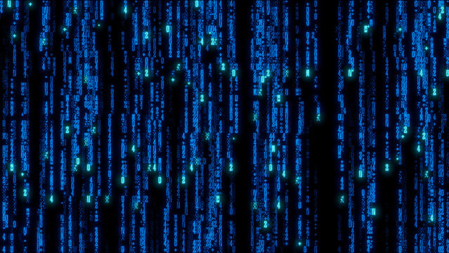 Intricate digital artwork showcasing a dense array of luminous blue and green binary code characters on a solid black background, perfect for technology marketing, and data visualization