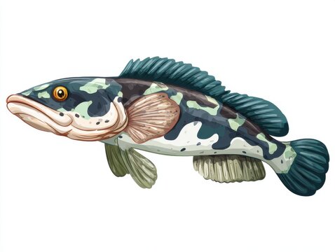 Detailed Illustration Of A Camouflage Pattern Snakehead Fish Swimming Isolated On White Background
