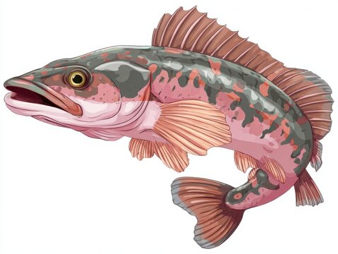 Detailed Illustration Of A Snakehead Fish With Mottled Pink And Grey Scales On A White Background