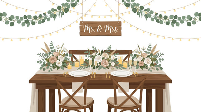 A beautifully decorated wedding sweetheart table for Mr. & Mrs. with floral arrangements and string lights, set against a white background