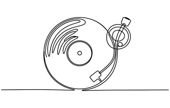 Continuous single line drawing of a retro vinyl record player turntable music player isolated on a white background Vector, illustration