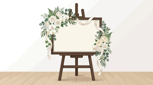 A wooden easel displaying a blank canvas adorned with lush green leaves and elegant white flowers, set against a soft background