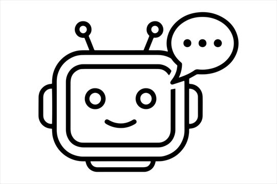 Simple line icon of a smiling robot head with a speech bubble, communication