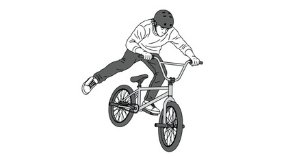 Obraz premium Active Male Cyclist Performing Skillful BMX Stunt Jump in Minimalist Black and White Line Art Style Drawing