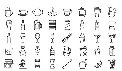 Fototapeta premium Drinks and Beverages Line Icon Set Coffee Tea Beer Wine Cocktail Bottle Glass Vector Illustration Isolated Collection