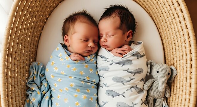 Twin babies sleeping peacefully in basket.