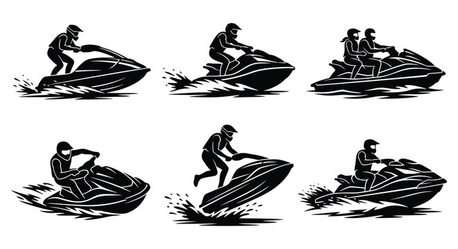 Jet Ski Collection With Riders And Water Splashes Silhouette
