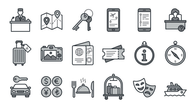 Vacation and travel lifestyle line icon set.