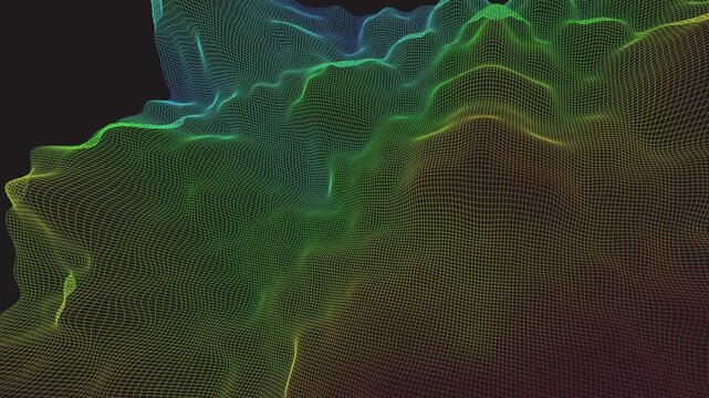 Abstract colorful wireframe lines flow and undulate like digital fabric in a continuous motion loop, creating a vibrant and mesmerizing ambient background.