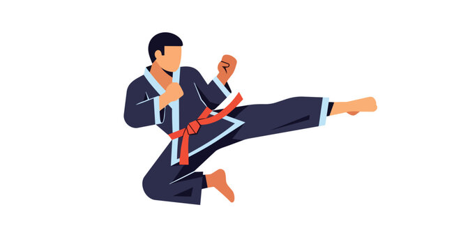 Martial arts master performing high kick wearing dark blue uniform and red belt in powerful athletic motion