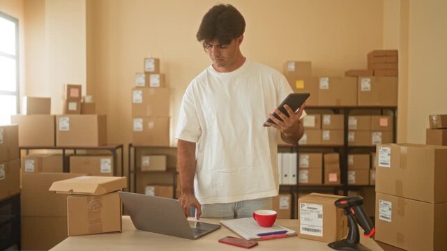Man holding tablet and typing on laptop at a packing station surrounded by stacked parcels, barcode scanner and red coffee cup in a building; focused productivity.