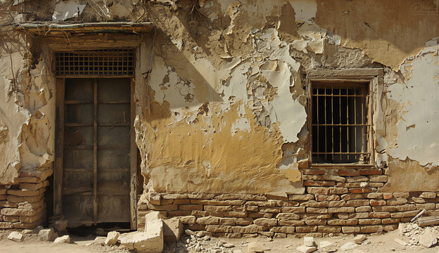  A wooden door and a large window on the facade of a brick building, showcasing architectural design.