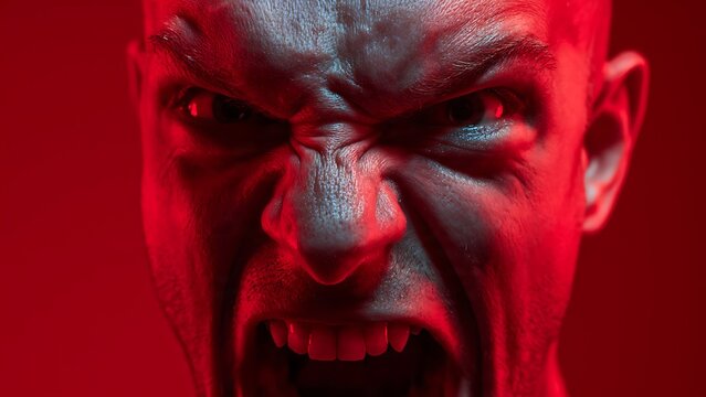Extreme close up portrait of a bald male face showing pure anger and aggression while shouting, illuminated by striking red and blue neon lights, conveying intense fury, rage, and