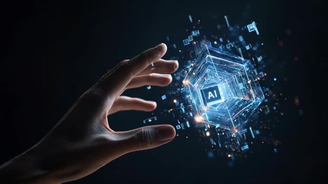 Hand reaching for AI technology in digital space with futuristic elements