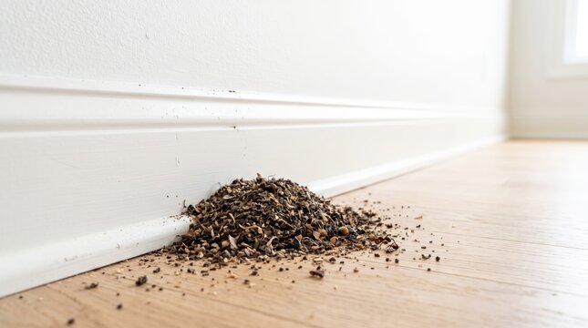 Carpenter ant frass accumulated on white baseboard and flooring