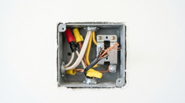 Damaged black electrical cable inside metal wall outlet box