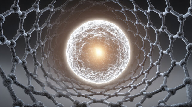 Microscopic structure diagram of a glowing sphere encapsulated by carbon nanotubes.