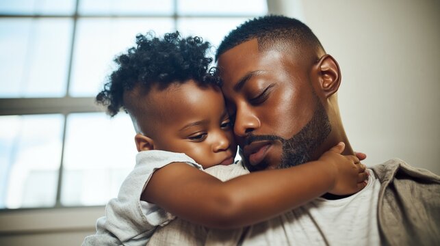 African american father holding his young son, both enjoying a loving embrace, demonstrating deep emotional connection, nurturing parenting, and the bond of family togetherness