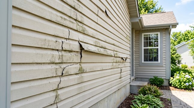 Damaged vinyl siding showing cracks on suburban house exterior