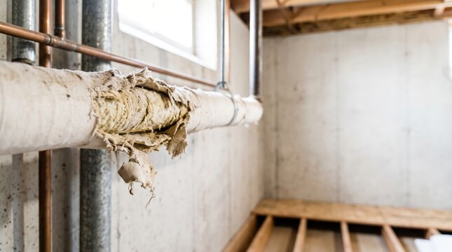 Frayed insulation peeling off old pipe in residential basement