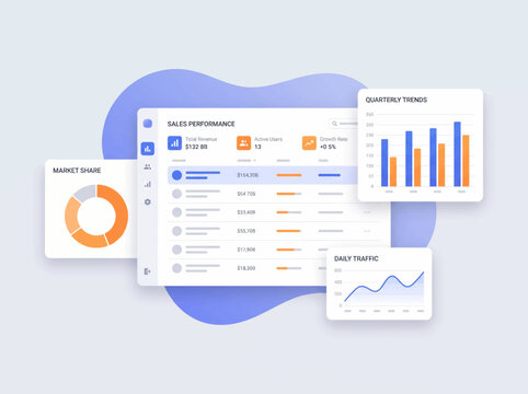 The infographic showcases business performance charts and graphs on a screen