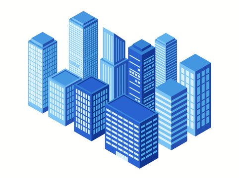 A group of blue buildings standing together in a cityscape scene outdoors
