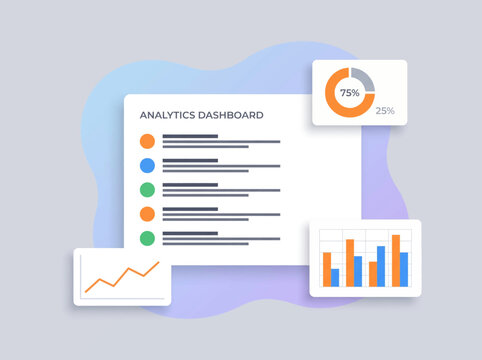 A colorful analytics dashboard with charts and graphs on a screen