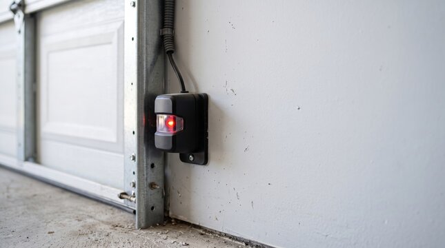 Garage door safety sensor glowing red near metal track