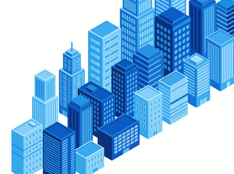 Aerial cityscape view of various blue buildings and skyscrapers in urban landscape