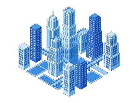 Aerial view of a modern cityscape with blue buildings and skyscrapers in urban landscape