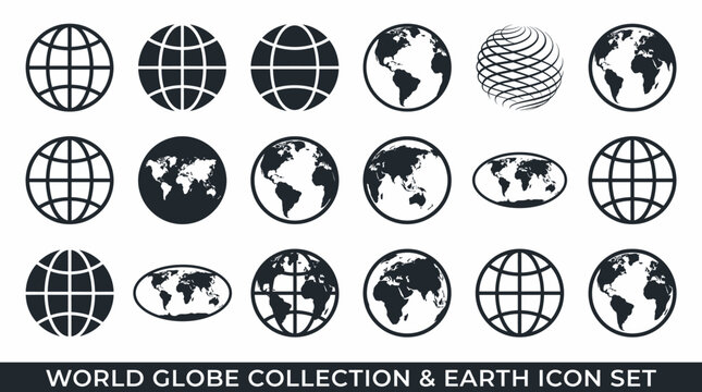 A collection of various globe icons featuring Earth from different viewpoints and styles.