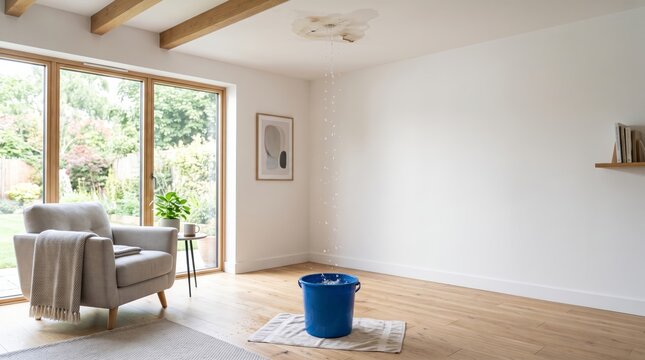 Leaky ceiling dripping water into blue bucket on wooden floor