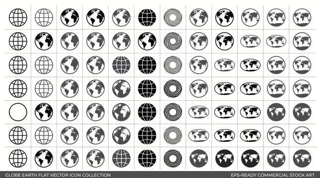 A collection of various globe icons in different shades and patterns on a white background