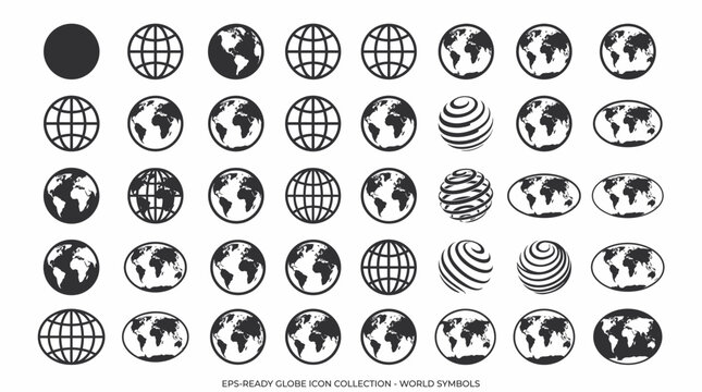Collection of various black and white globe icons on a white background